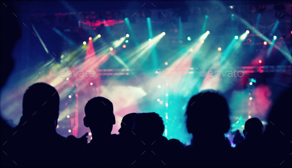 Cheering Crowd In Front Of Stage Lights Retro Photo Stock Photo By