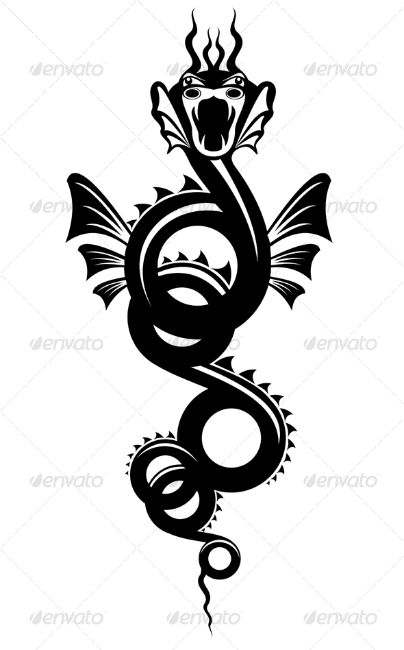 Isolated tattoo of black dragon on white.