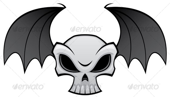 Vector illustration of an angry skull with bat wings.