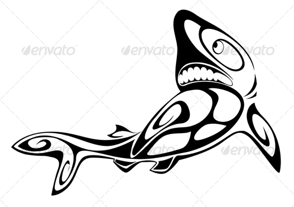 Black shark tattoo. by seamartini. Black shark tattoo for design isolated on 