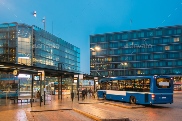 Helsinki, Finland. Bus Is At Stop On Helsinki Railway Square. Sq Stock Photo by Grigory_bruev