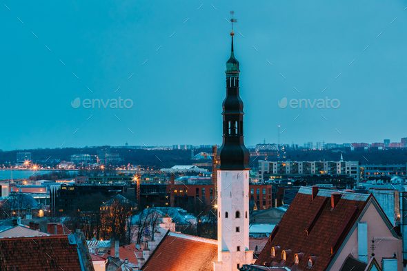 Tallinn, Estonia. Tower Of Church Of Holy Ghost Or Holy Spirit I Stock Photo by Grigory_bruev
