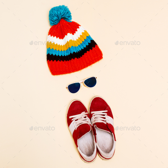 Minimalism style hipster set hat fashion sneakers glasses Stock Photo by EvgeniyaPorechenskaya