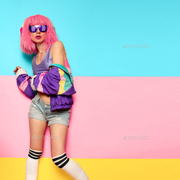 Playful Stylish Girl DJ. Rave, house, digital party Music and fi Stock Photo by EvgeniyaPorechenskaya