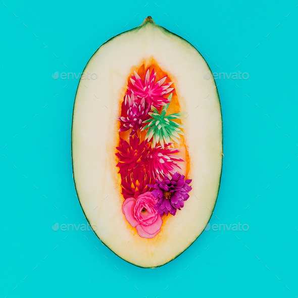 Mix Melon and flowers. Minimal art style Stock Photo by EvgeniyaPorechenskaya