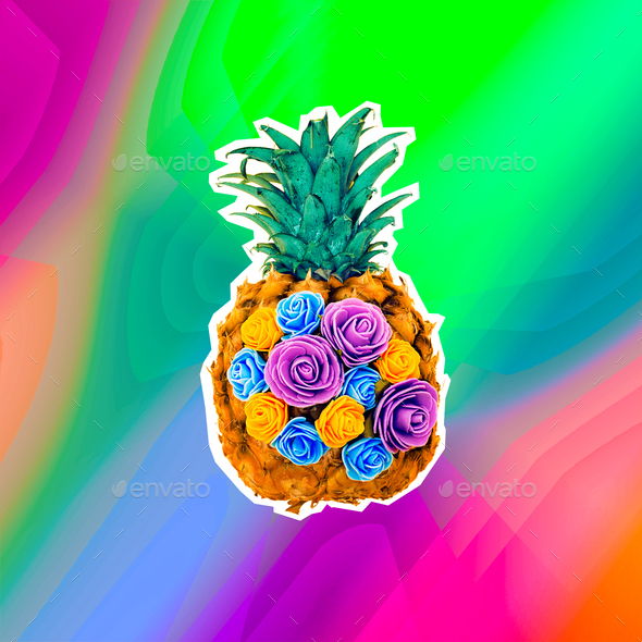 Creative design pineapple and flowers. Minimal surreal art fashi Stock Photo by EvgeniyaPorechenskaya