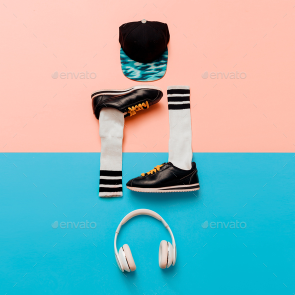 Minimal fashion creative art. Stylish sneakers and socks. Cap. H Stock Photo by EvgeniyaPorechenskaya