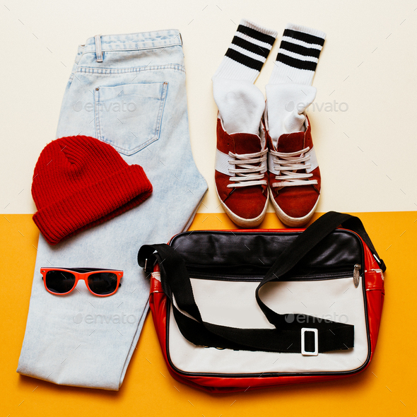 Urban active style set. Outfit jeans, cap, shoes bag Stock Photo by EvgeniyaPorechenskaya