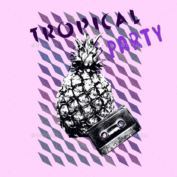 Pineapple. Art collage minimal Flyer design Tropical party mood Stock Photo by EvgeniyaPorechenskaya