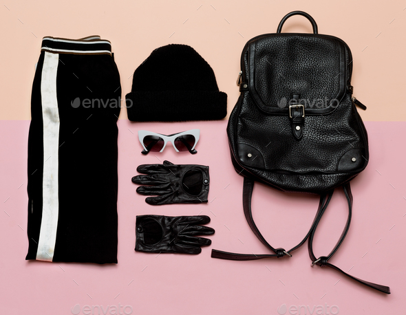 Fashion Black Outfit Accessories For Women. Beanie Backpack Urb Stock Photo by EvgeniyaPorechenskaya