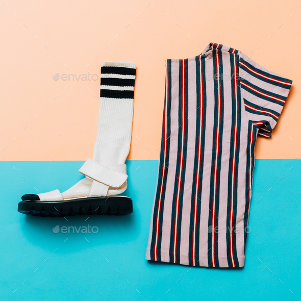 Sandals and socks. T-shirt. A strip of the trend. Summer minimal Stock Photo by EvgeniyaPorechenskaya