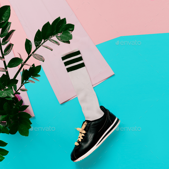 Fashion Sneakers and Hipster Socks. Art minimal style design Col Stock Photo by EvgeniyaPorechenskaya