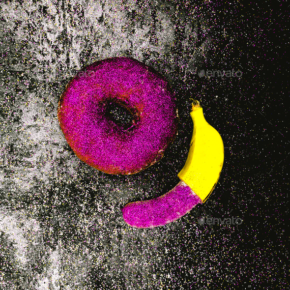 Glitter couple Banana and Donut Minimal surreal design Shining f Stock Photo by EvgeniyaPorechenskaya