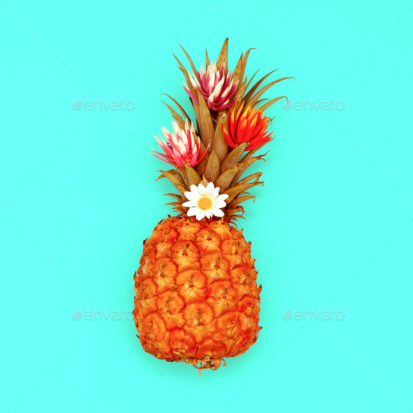 Pineapple and flowers. Tropical cocktail. Minimal style Stock Photo by EvgeniyaPorechenskaya