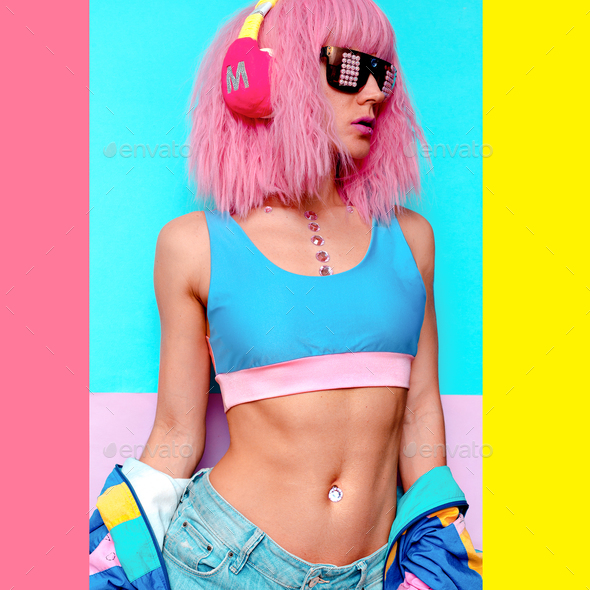 Minimal pop art style. Creative DJ girl. Sexual body Stock Photo by EvgeniyaPorechenskaya