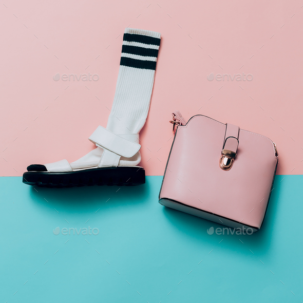 Sandals and socks. Bag. Summer minimal creative. Hipster style T Stock Photo by EvgeniyaPorechenskaya