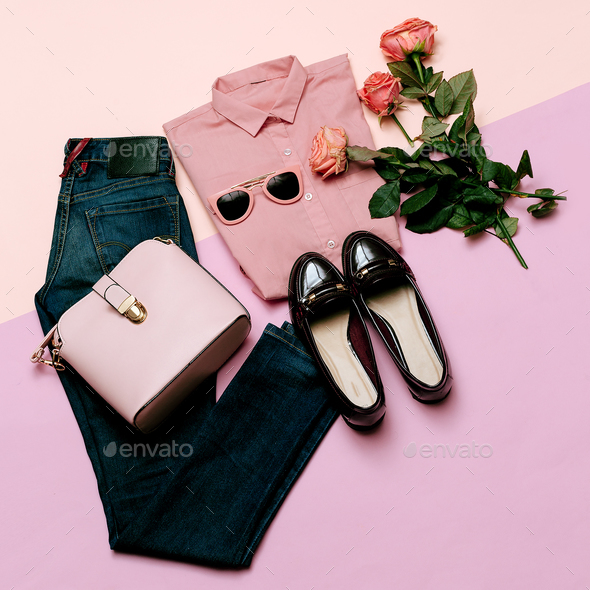 Romantic clothes set. City casual fashion. Spring and Pink. Styl Stock Photo by EvgeniyaPorechenskaya