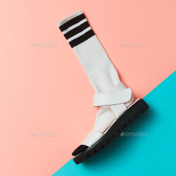Sandals and socks. Summer minimal creative. Hipster style Top vi Stock Photo by EvgeniyaPorechenskaya
