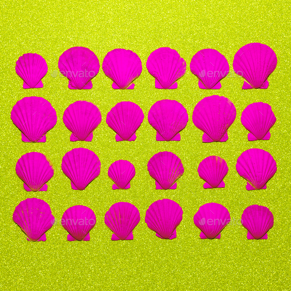 Set pink neon shells. Ocean vibes Minimal art Stock Photo by EvgeniyaPorechenskaya