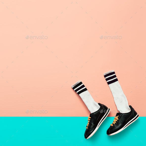 Fashion Sneakers and Hipster Socks. Art minimal style design Bri Stock Photo by EvgeniyaPorechenskaya