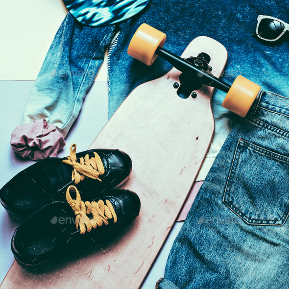 Set Fashion Denim clothing and accessories Cap Skateboard Sneake Stock Photo by EvgeniyaPorechenskaya