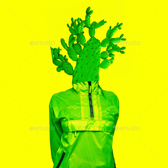 Minimal art collage Green Cactus man Creative design Stock Photo by EvgeniyaPorechenskaya