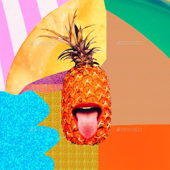 Contemporary art collage. Funny Pineapple and Maximum Party. Fas Stock Photo by EvgeniyaPorechenskaya