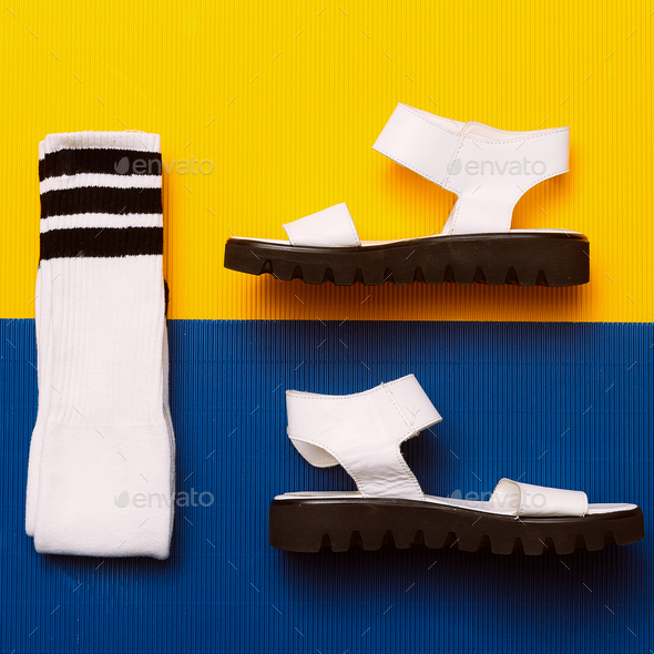 White sandals and socks. Minimal Summer sports style Stock Photo by EvgeniyaPorechenskaya
