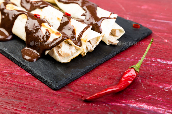 Mexican chicken enchiladas with chili chocolate salsa Stock Photo by bondarillia