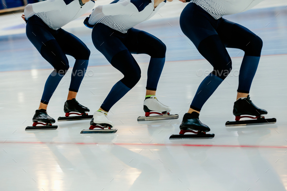warm up team of male skaters in competition speed skating Stock Photo by sportpoint74