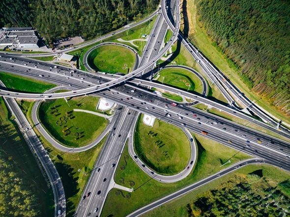 Aerial view of a massive highway road intersection in Moscow city, Russia Stock Photo by nblxer