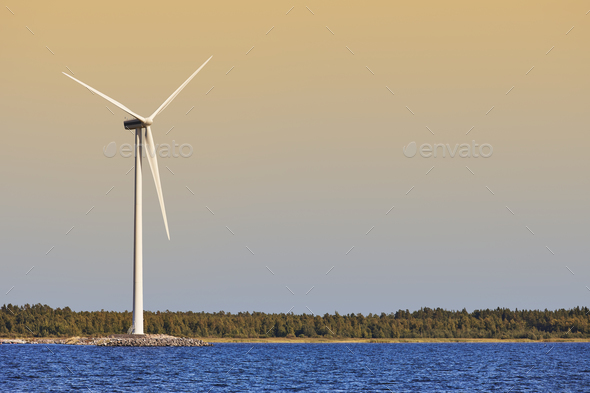 Wind turbine in the baltic sea. Renewable green energy. Finland Stock Photo by ABBPhoto