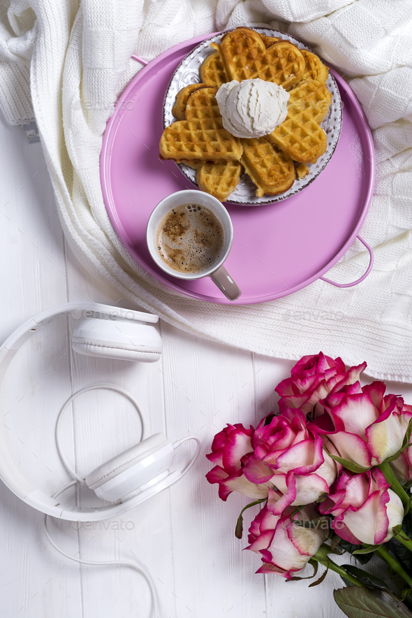 Coffee with waffles and roses. Valentine\'s Day or 8 march . Delicious Breakfast. Stock Photo by lyulkamazur