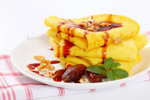 pancakes with walnuts, dates and date syrup Stock Photo by Vikif | PhotoDune