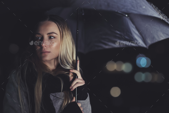 Beautiful sad woman at rainy night Stock Photo by Anna_Om | PhotoDune