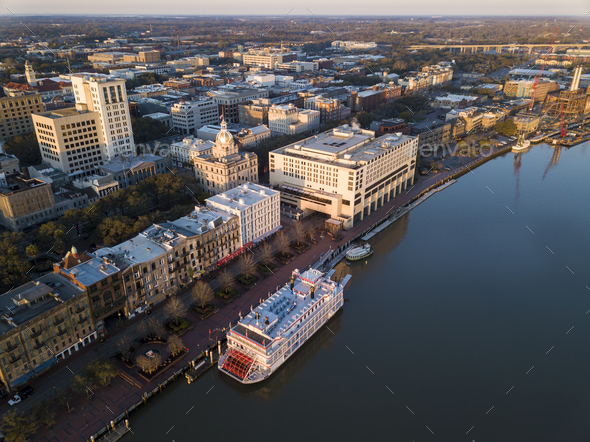Aerial view of historic River Street and downtown Savannah, Geor Stock Photo by wollwerth