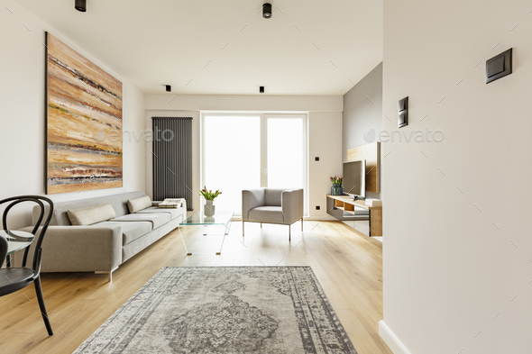 Front view of a modern living room interior with a vintage rug, Stock Photo by bialasiewicz