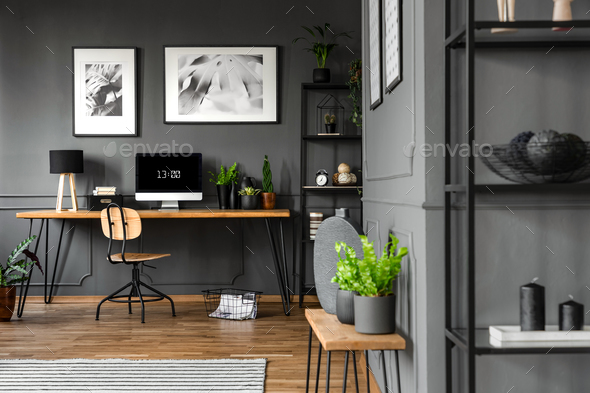 Grey home office interior Stock Photo by bialasiewicz | PhotoDune