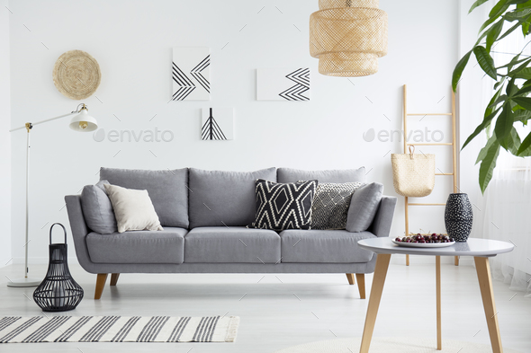 Real photo of a scandi living room interior with cushions on gra Stock Photo by bialasiewicz