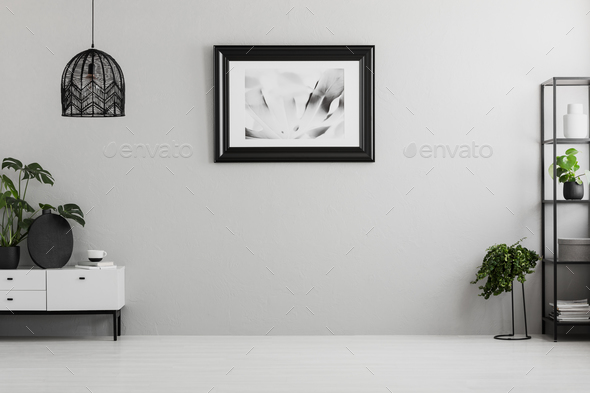 Poster on grey wall in empty living room interior with plants, l Stock Photo by bialasiewicz