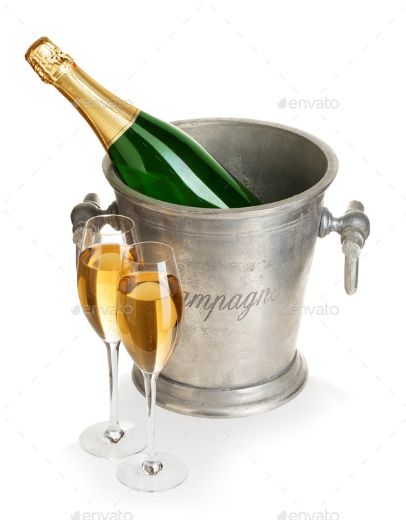 Champagne Bottle In Ice Bucket With Glasses Of Champagne Isolated