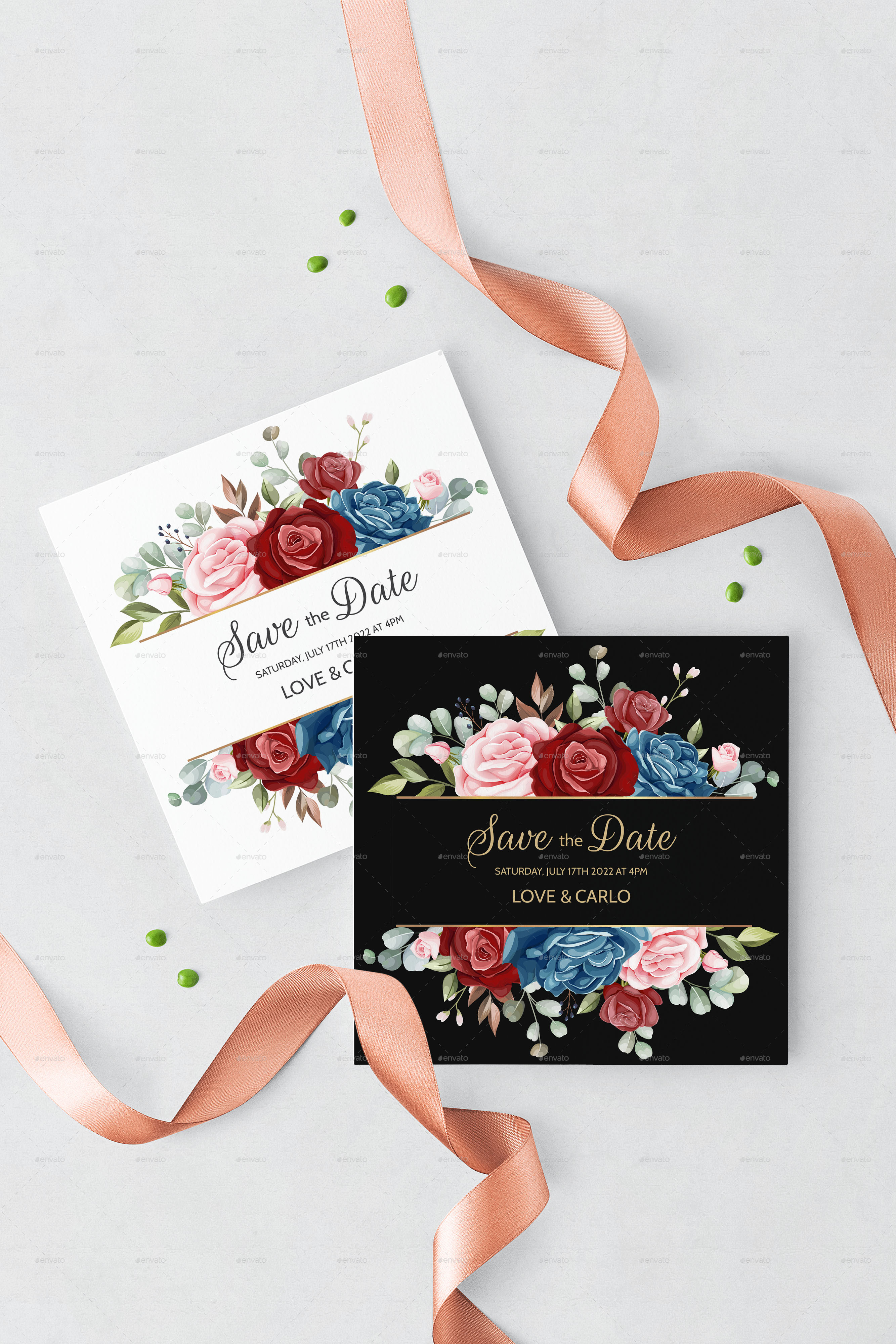 Floral Wedding Invitation With Blooming Roses And Green Leaves Vectors