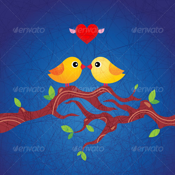 two love birds kissing. Two cute yellow irds in love