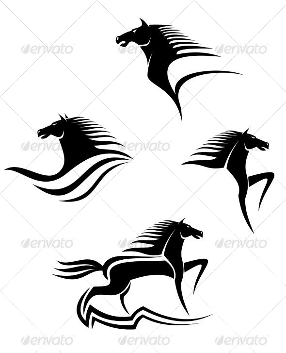 arabian horse head silhouette. Set of black horses symbols