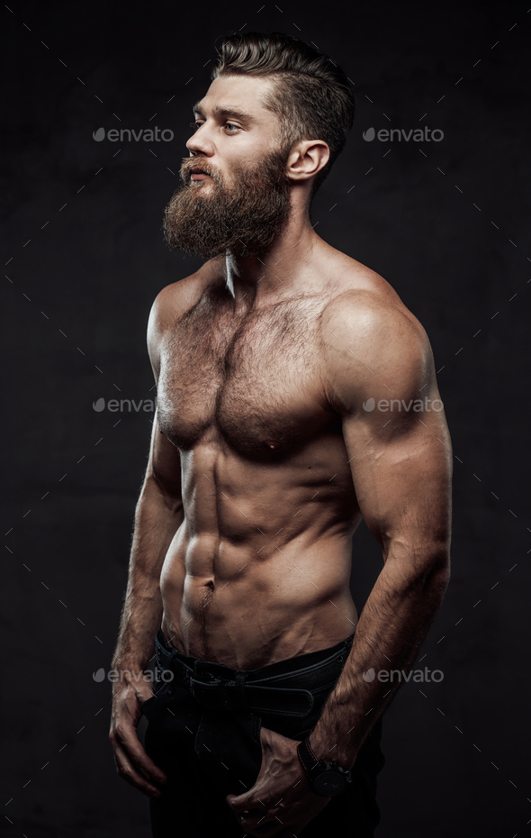 Bearded Guy With Naked Torso Posing In Dark Background Stock Photo By