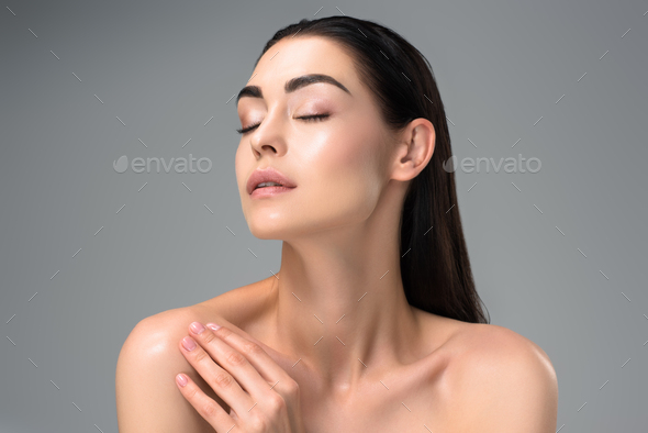 Sensual Naked Brunette Girl With Closed Eyes Isolated On Grey Stock