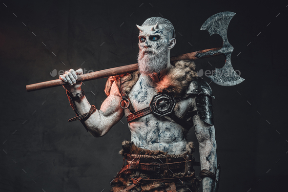 Northern Warrior With Pale Skin In Twilight With Two Handed Axe Stock