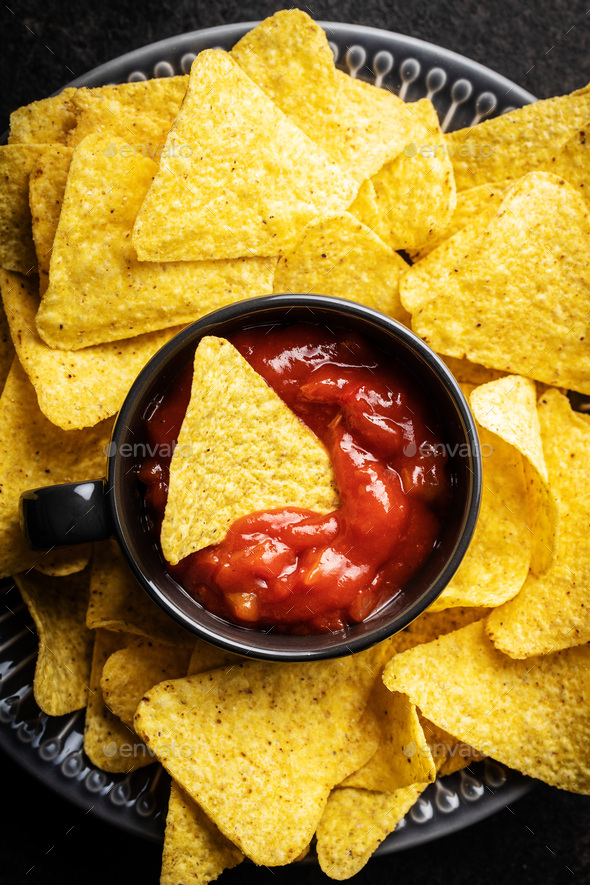 Tortilla Chips And Red Tomato Salsa Dip Mexican Nacho Chips Stock