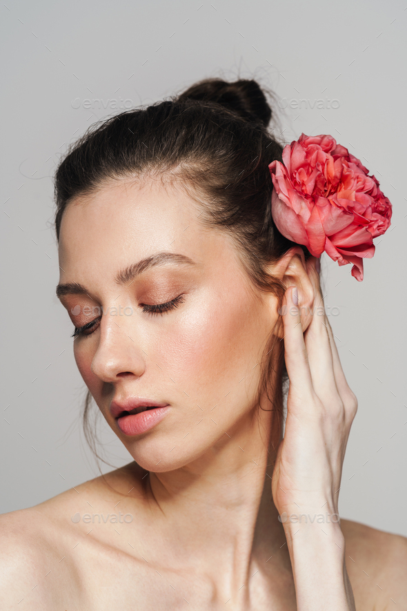 Beautiful Half Naked Woman Posing With Flower On Camera Stock Photo By