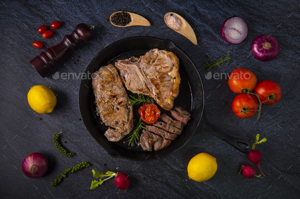 Grilled Ribeye Beef Steak Herbs And Spices Top View Stock Photo By